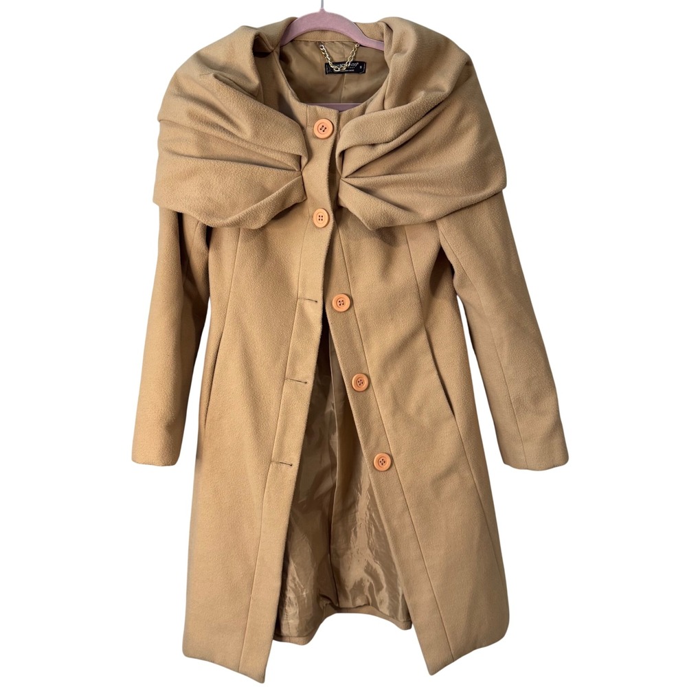 Rinascimento Women's Camel Wool Blend Bow Collar Coat Size S Made in Italy‎ - Picture 3 of 7